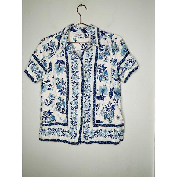 YUMI KIM Blue White Button Down Short Sleeve Carly Linen Top Size Medium - Picture 2 of 9